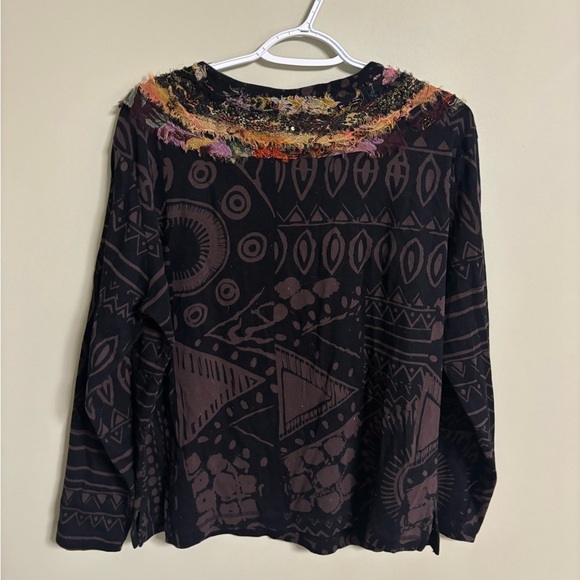 Chico’s Black Purple Brown Ethnic Long Sleeve Pullover Top Womens Size 3 Large - Picture 2 of 7